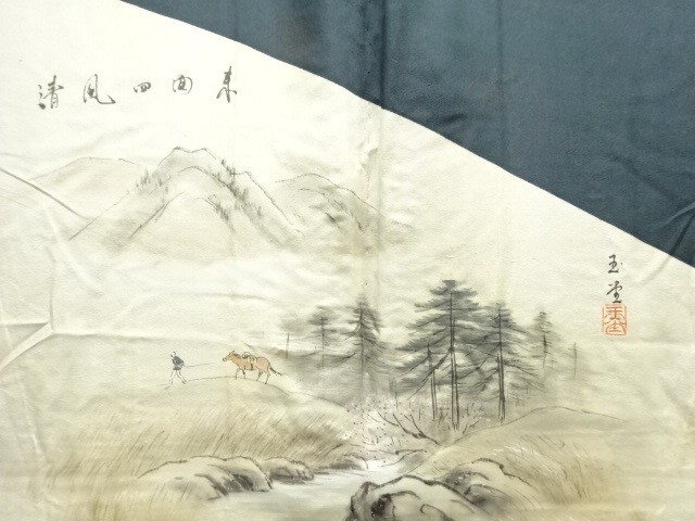 JAPANESE KIMONO / ANTIQUE MENS HAORI / SILK / TSUMUGI / SCENERY (lining)